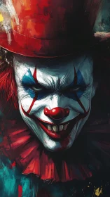 Sinister painted clown portrait under scarlet top hat.
