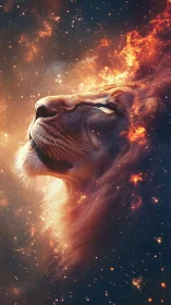 Cosmic lion profile with fiery nebula mane and starfield fusion