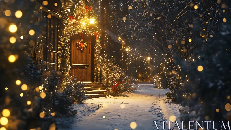 Cozy winter cottage doorway glowing with soft holiday lights.
