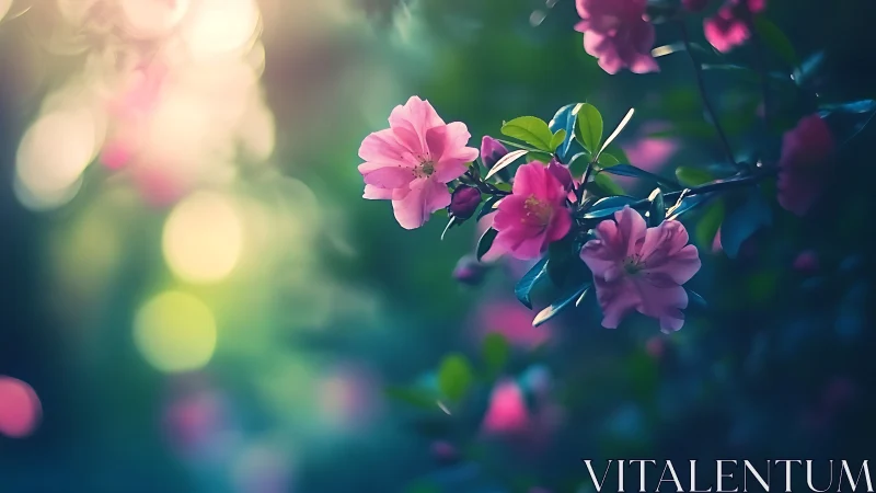 Pink Blossoms Glowing in Garden Light