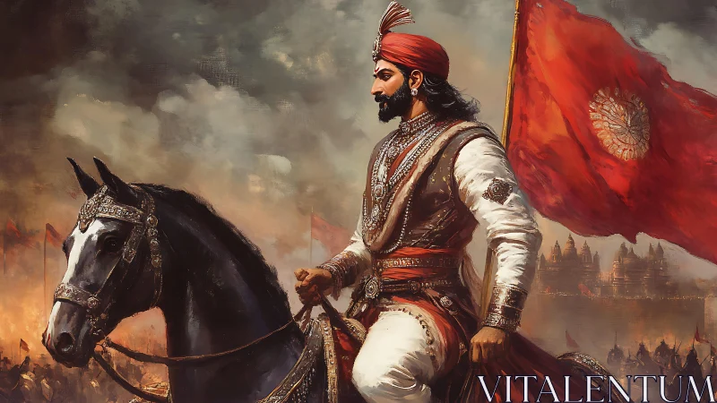 Mounted warrior in ornate armor leads cavalry under crimson battle flag