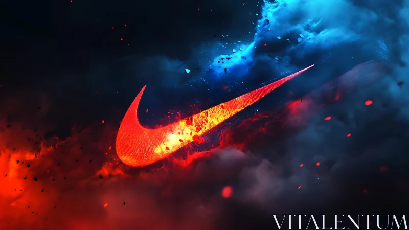 Red swoosh logo glows amid blue and orange digital clouds