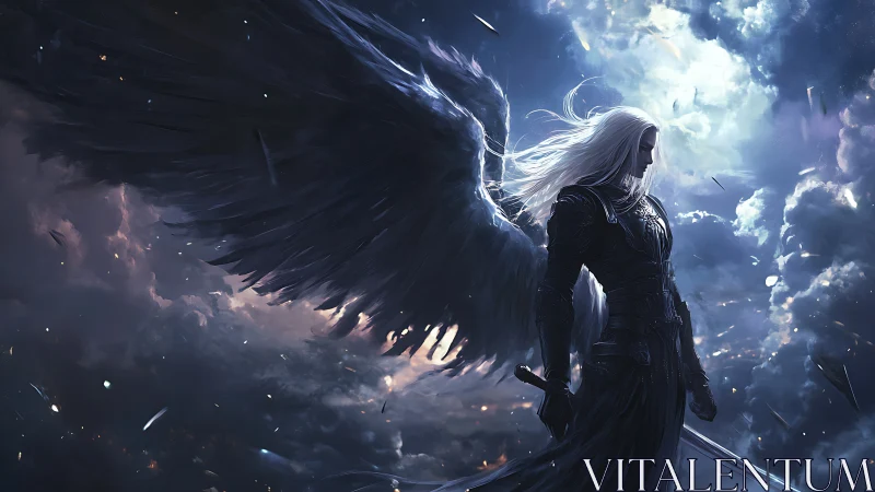 Dark-winged angel stands in stormlit sky, guarding the night