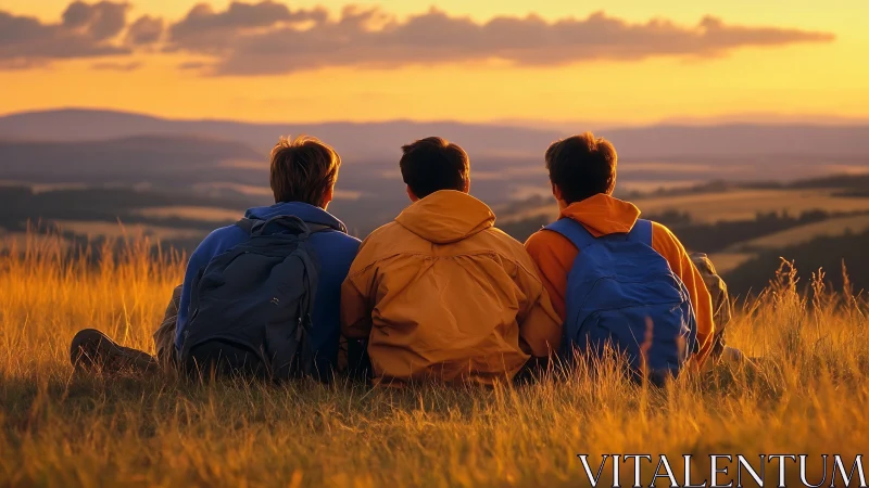 Backlit hikers viewed from rear on golden hour hillside