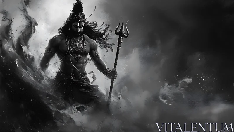 Mythic warrior strides through stormlit shadows with trident.