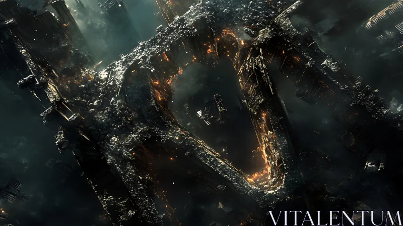 Ruined megastructure drifts through a burning cosmic void