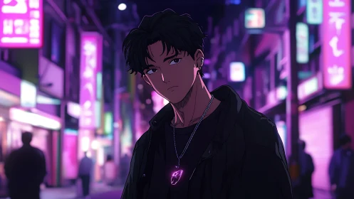 Neon-lit anime portrait isolates a lone figure in night street