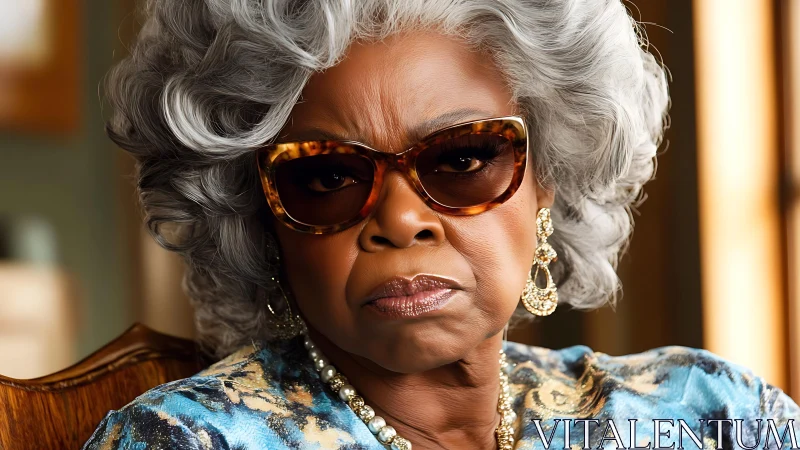 Elegant elderly woman in sunglasses exudes confident poise.