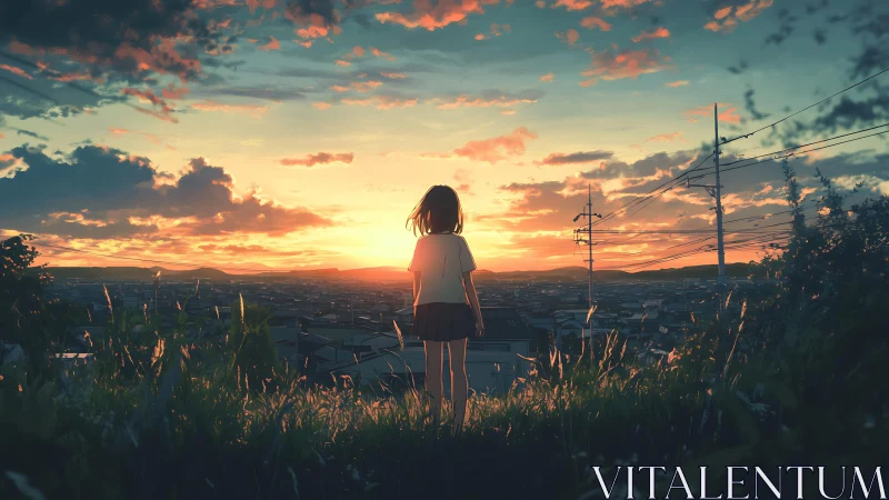 Girl overlooking suburban townscape under vivid sunset sky.