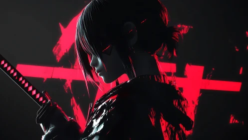 Backlit cyber-noir swordswoman rendered in high-contrast neon