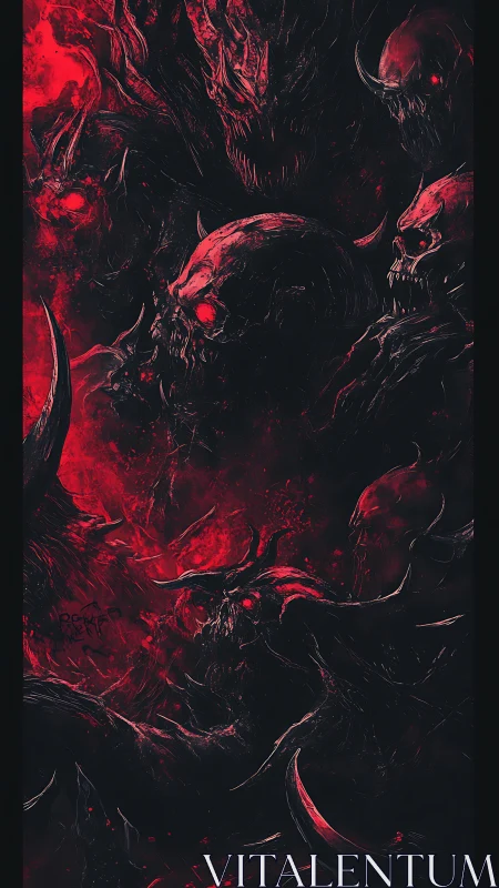 Clustered horned skull figures in dark red environment.