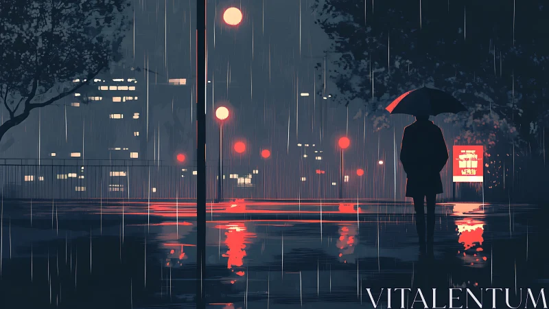 Solitary figure under umbrella in neon-lit rainy city night.