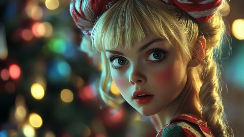 Holiday-lit digital doll portrait with bokeh field rendering.