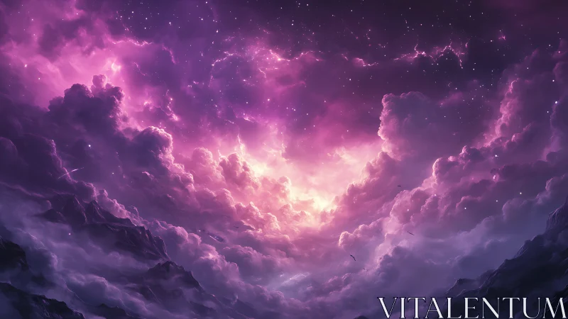 Violet cloudscape over mountains with luminous sky core.