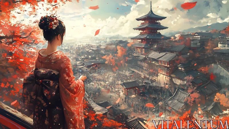Kimono-clad woman overlooking autumn festival cityscape.