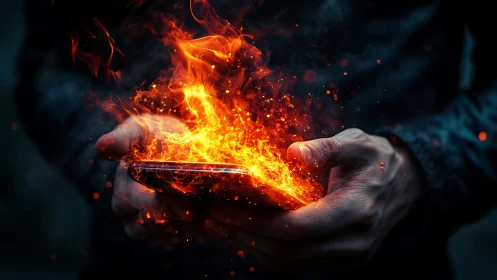Hands Holding Burning Smartphone with Explosive Fire