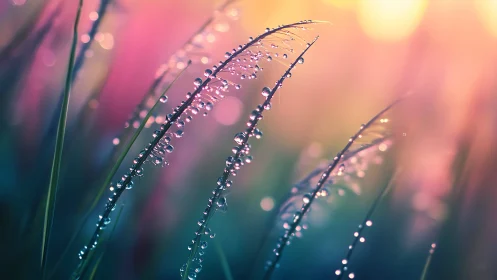 Sunlit dew on grass blades glows in dreamy pastel light