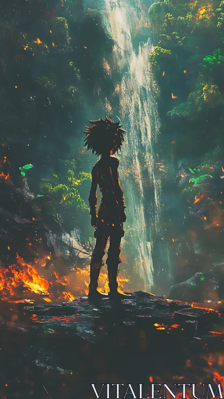 Silhouetted figure observes jungle waterfall amid encroaching fire