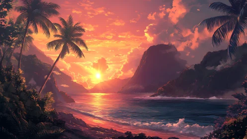 Tropical coastline sunset with palm trees and mountains.