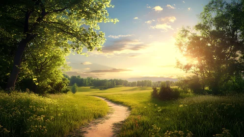 Sunlit rural path through green meadow and distant tree line.