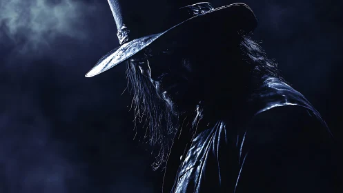 Mysterious cowboy figure emerging from deep blue shadows.