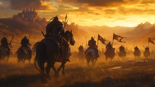 Armored cavalry rides toward distant castle at sunset