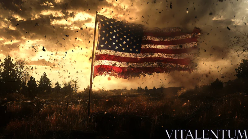 Tattered American flag billows through a storm of burning ash