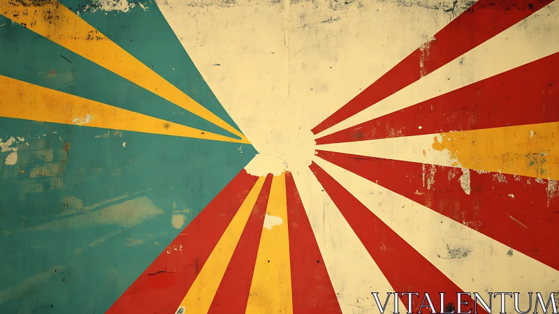 Weathered retro sunburst rays collide in bold color storm.