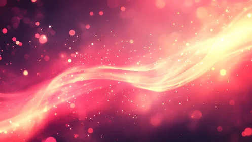 Abstract pink and gold light wave with glowing particles effect.