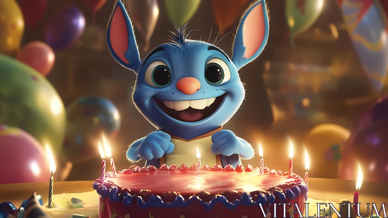 Cerulean Grin Celebrates: Joyful Blue Creature With Birthday Cake.