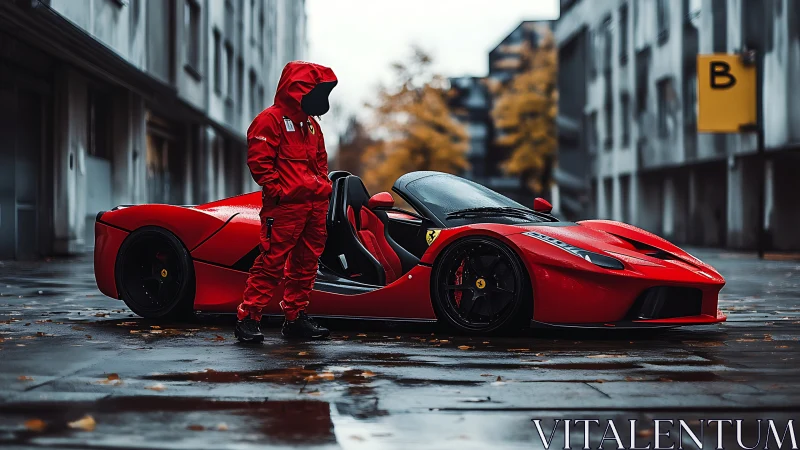 Red hypercar with hooded driver on wet urban street.
