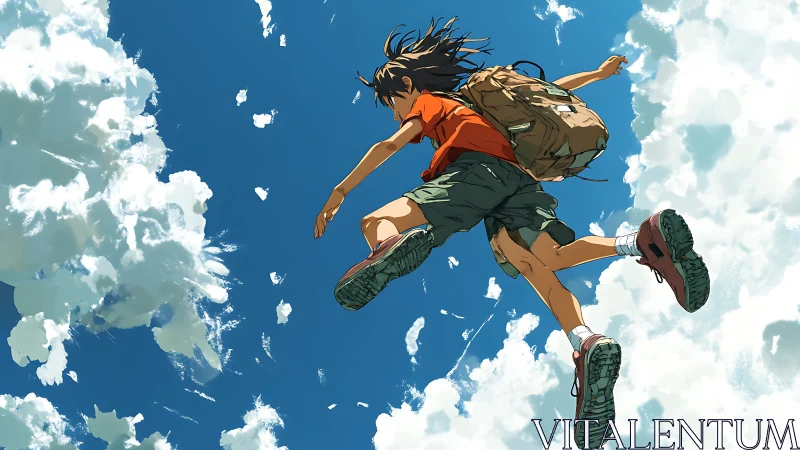 Skyward jump captures youthful freedom above bright clouds.