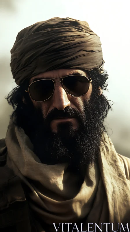Weathered desert wanderer in turban and dark sunglasses.