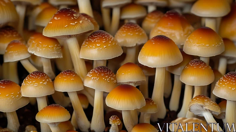 Amber mushroom chorus under a softly glowing forest canopy.