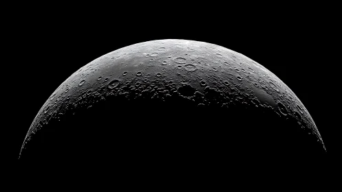 Lunar crescent surface reveals dense craters in stark contrast