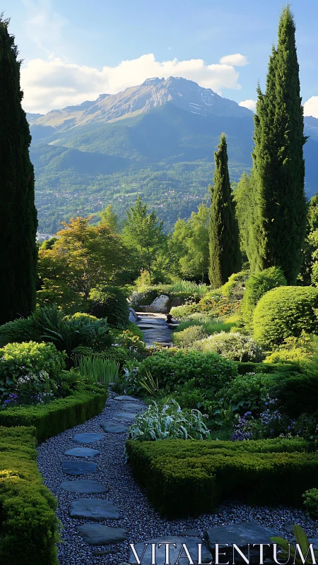 Sunlit mountain garden path leading into peaceful greenery.