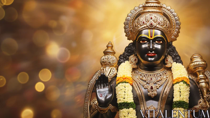 Hindu deity statue with garlands and golden halo glow.