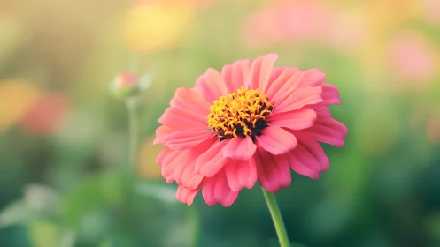 Pink Zinnia with Yellow Center and Soft Garden Blur.
