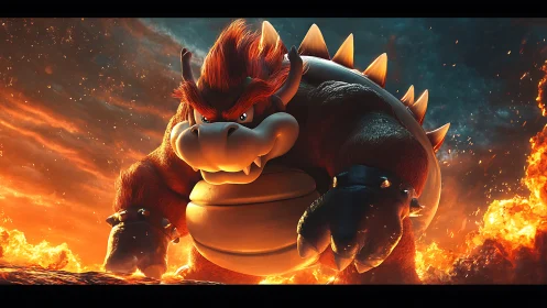 Fiery armored creature advances through cinematic molten inferno
