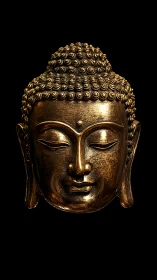 Metallic Buddha head sculpture is rendered against black