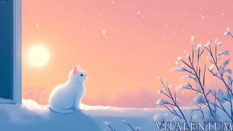 A White Cat's Peaceful Winter Moment.