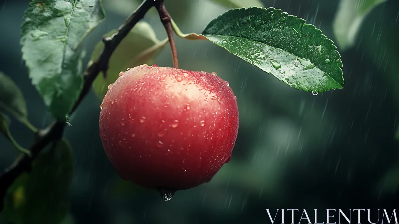 Rain-kissed orchard apple listens quietly to the storm