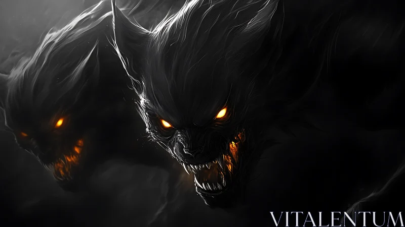 Bioluminescent shadow hellhound duo with molten eyes and fangs