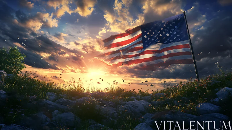 American flag waves over sunlit rocky meadow at dusk.