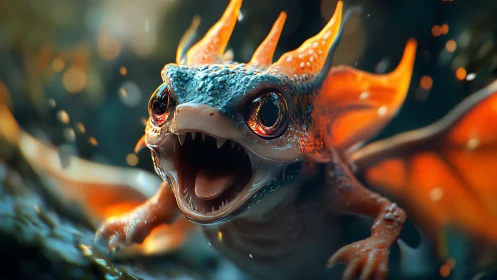 Bioluminescent baby dragon with molten wings in macro focus