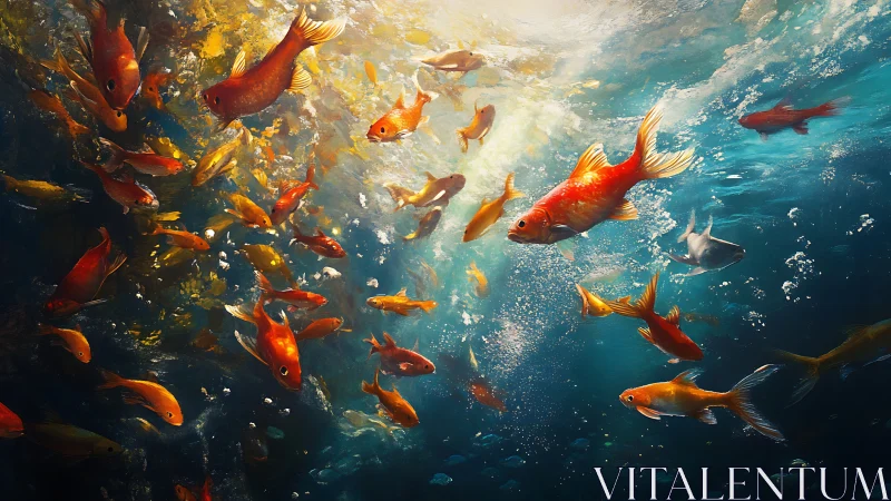 School of goldfish moving through sunlit underwater scene.