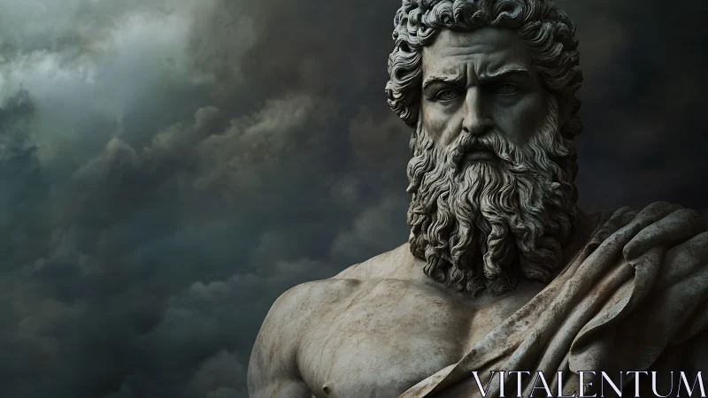 Stone bust of bearded figure against dark storm clouds.