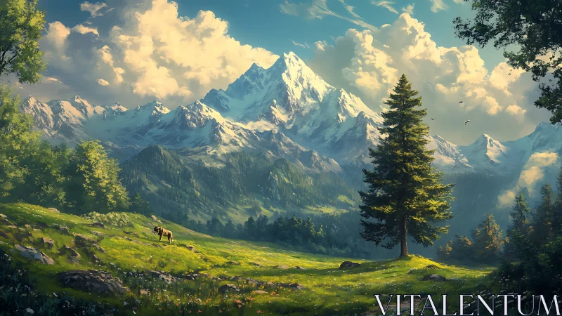 Digital painting alpine meadow with luminous mountain vista.