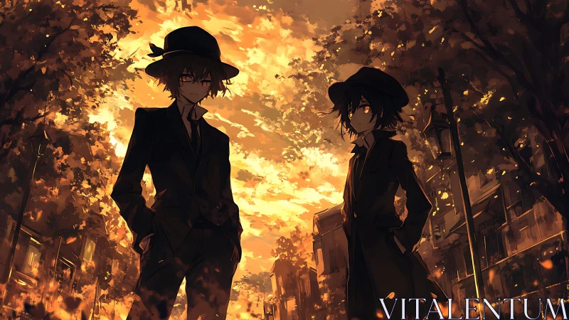 Twin silhouettes stalk ember-lit boulevard at dusk.