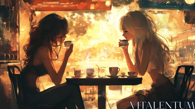 Two women sharing quiet coffee in warm urban café.